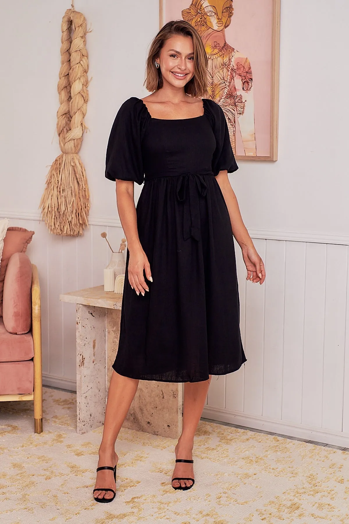 Cora Black Linen Tie Maxi Dress