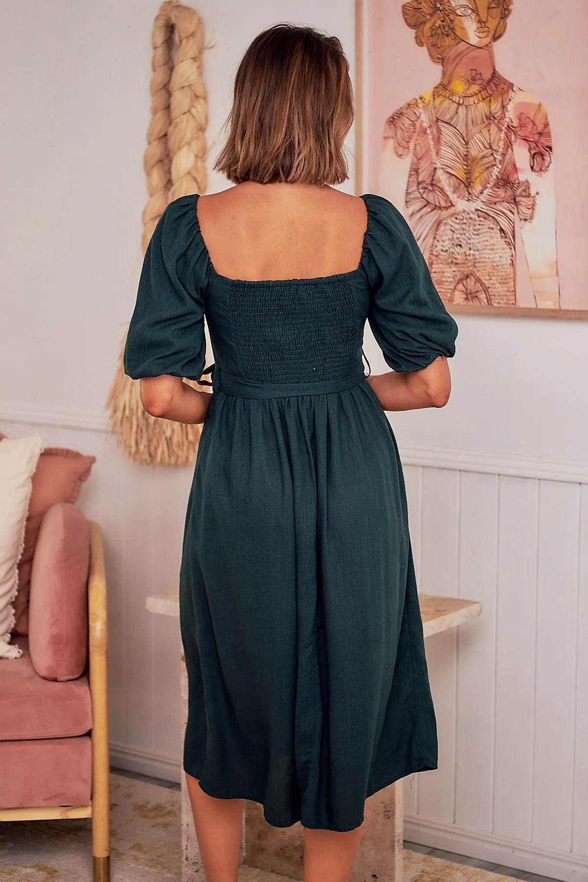 Cora Emerald Linen Tie Maxi Dress