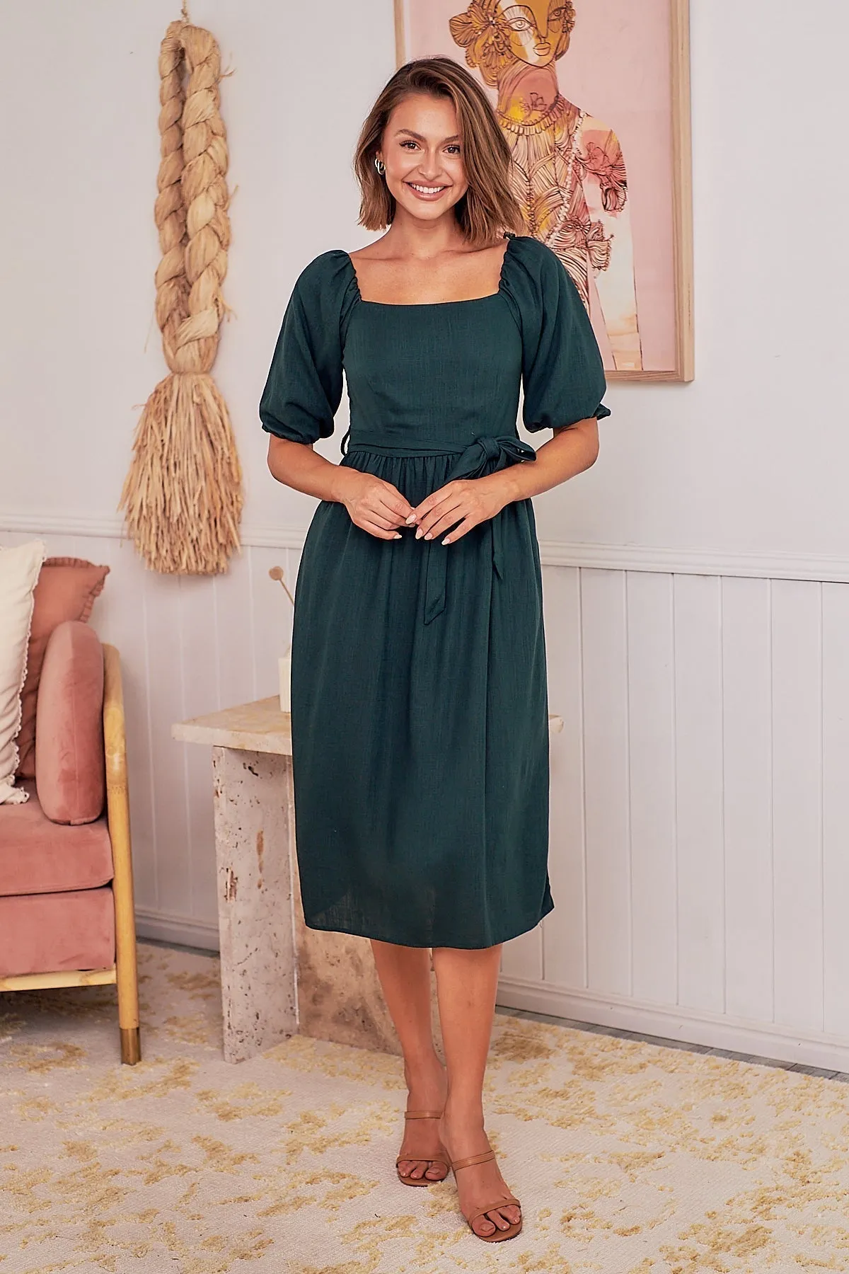 Cora Emerald Linen Tie Maxi Dress