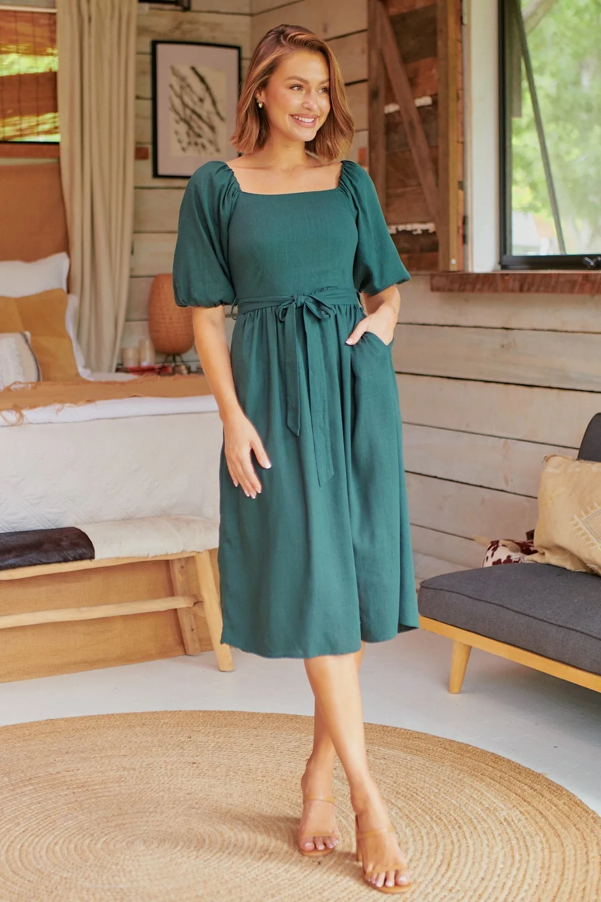 Cora Emerald Linen Tie Maxi Dress