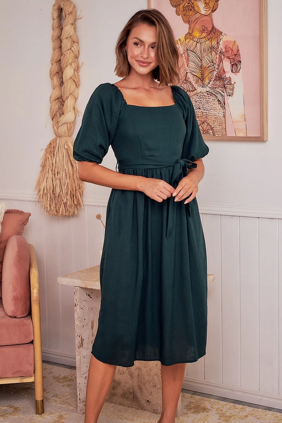 Cora Emerald Linen Tie Maxi Dress