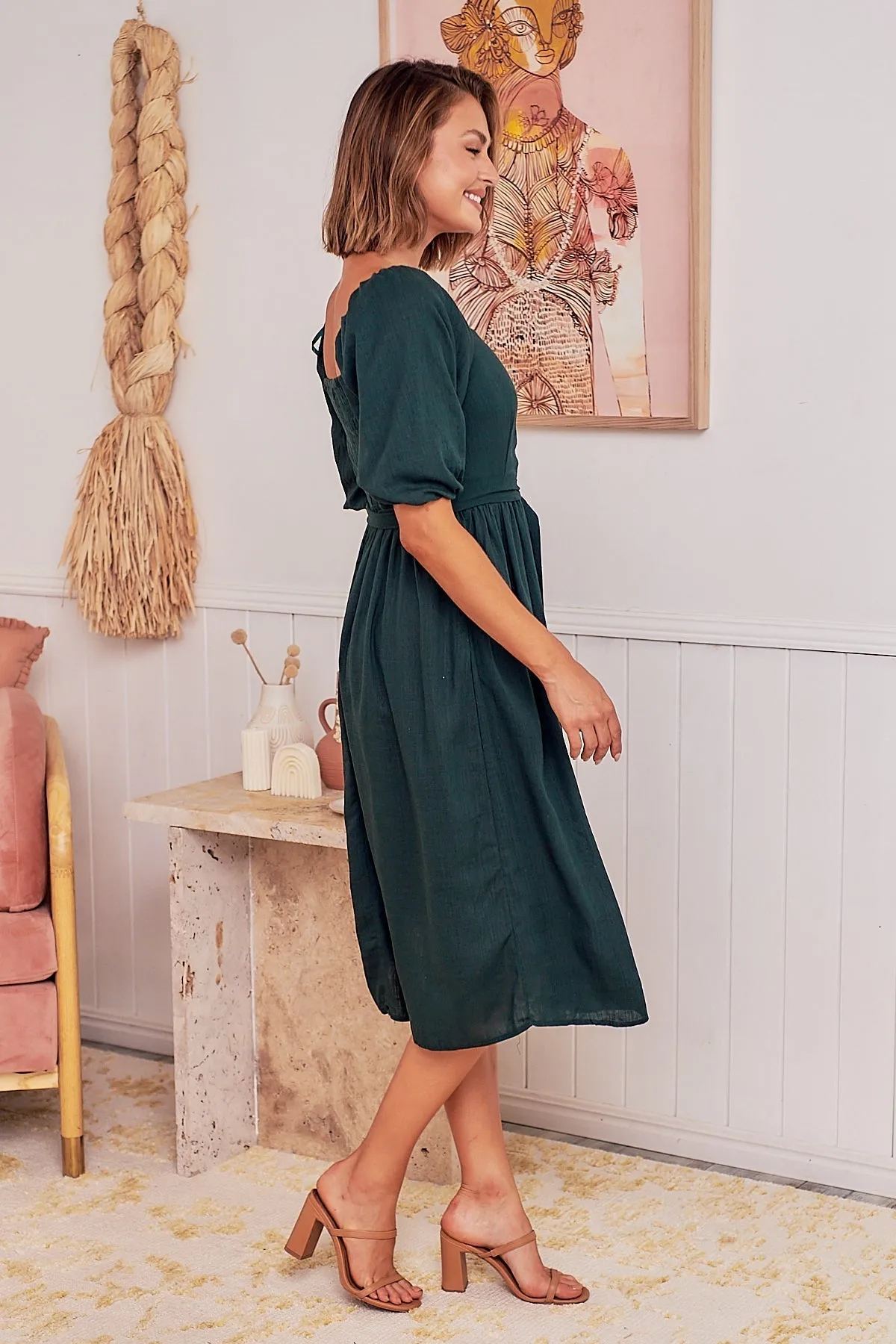 Cora Emerald Linen Tie Maxi Dress