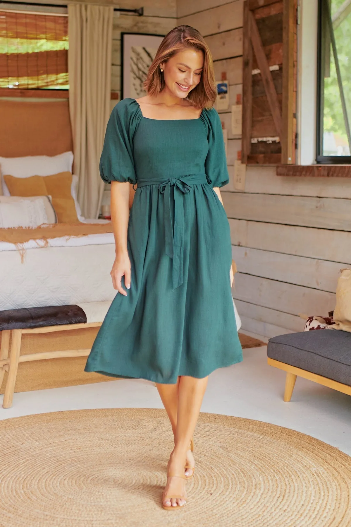 Cora Emerald Linen Tie Maxi Dress