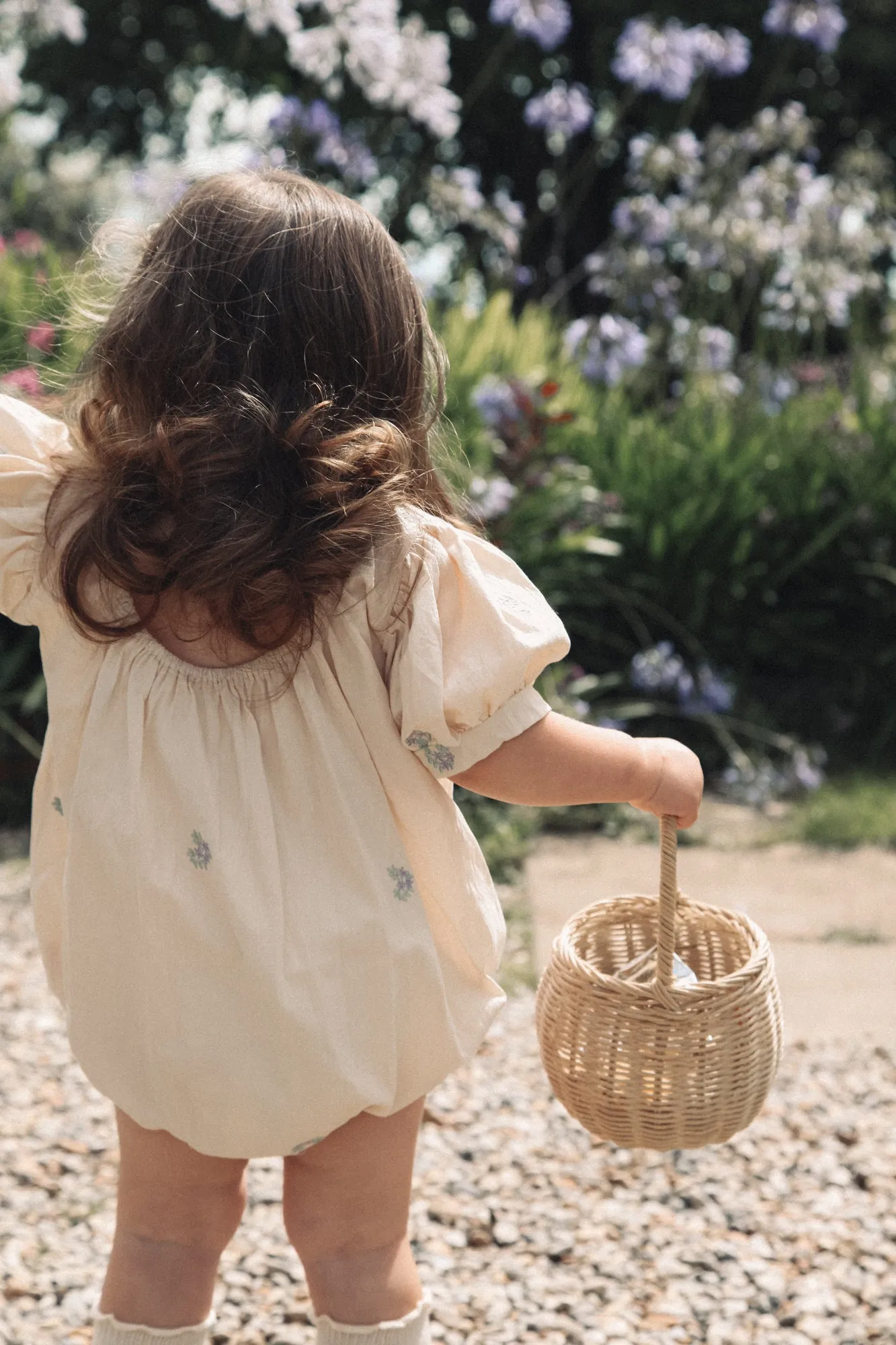 Cream & Lilac Puff Sleeve Embroidered Flower Romper