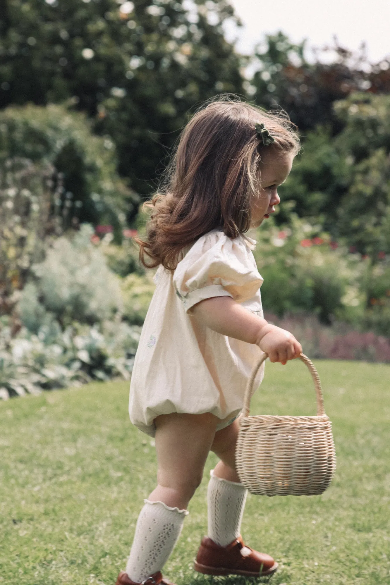 Cream & Lilac Puff Sleeve Embroidered Flower Romper