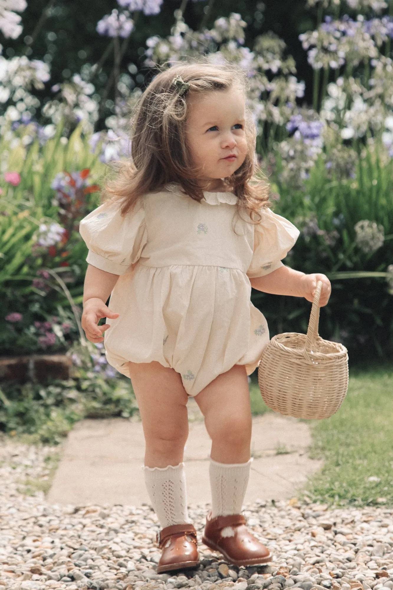 Cream & Lilac Puff Sleeve Embroidered Flower Romper