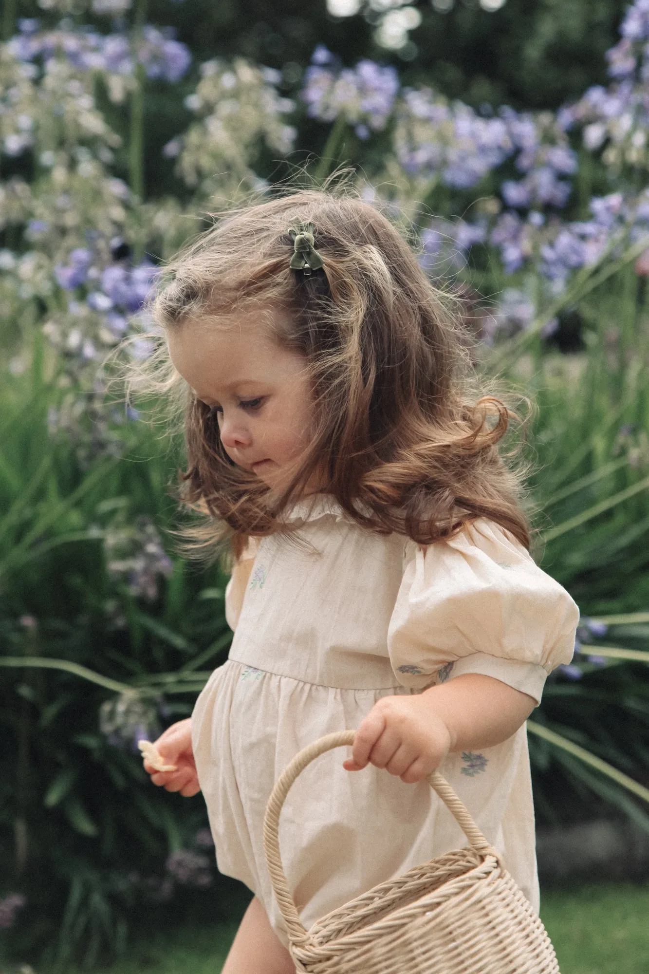 Cream & Lilac Puff Sleeve Embroidered Flower Romper