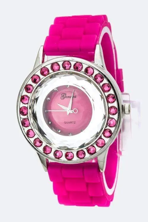 Crystal Bezel Watch - Fuchsia