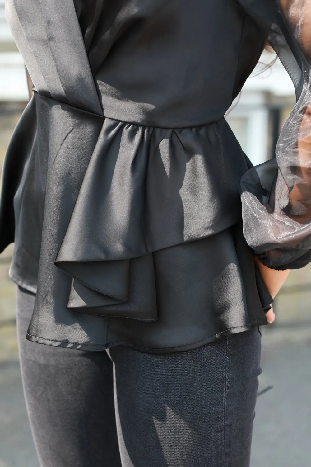 Double Second Black Frill Front Satin Top