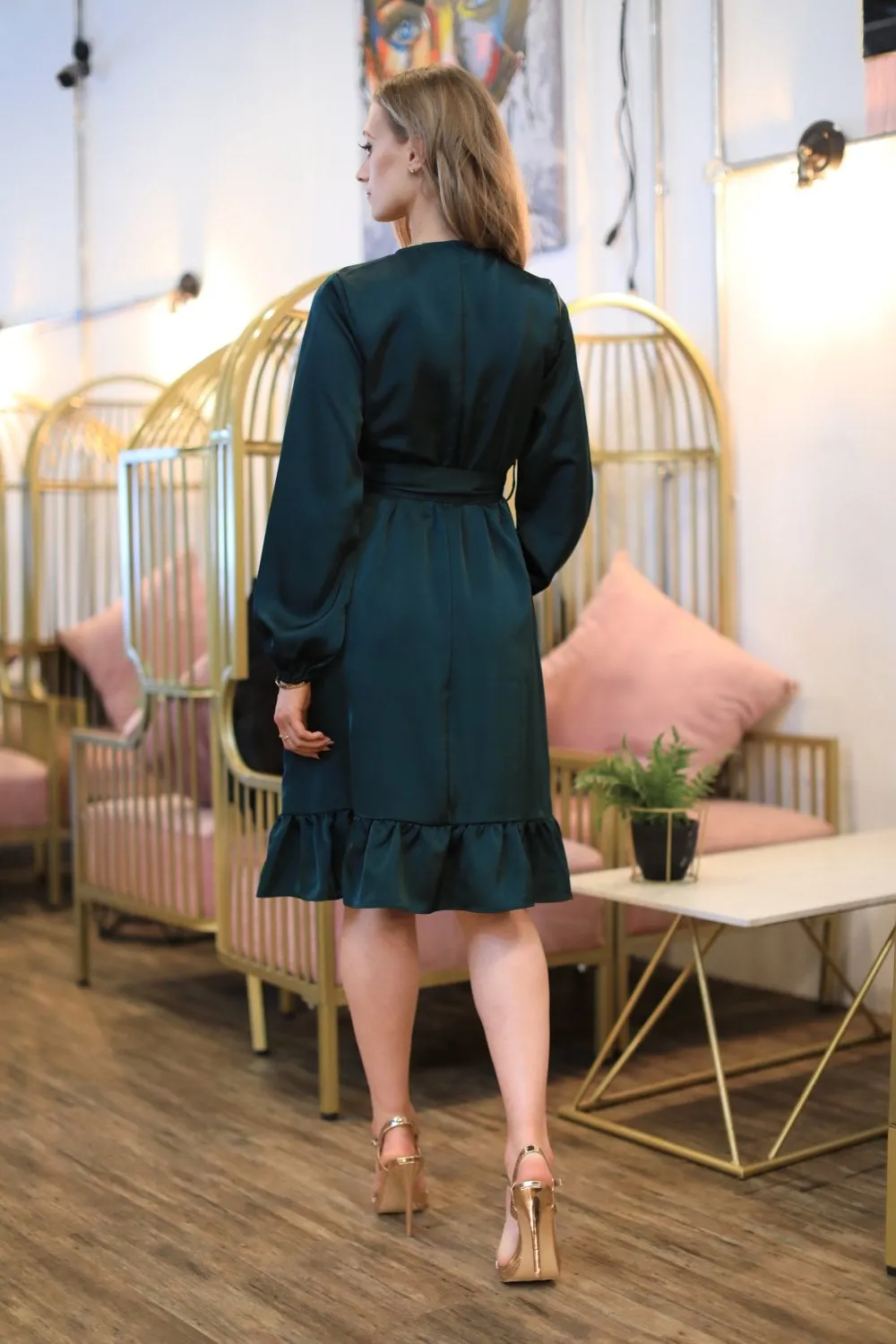 Double Second Dark Green Frill Wrap Dress