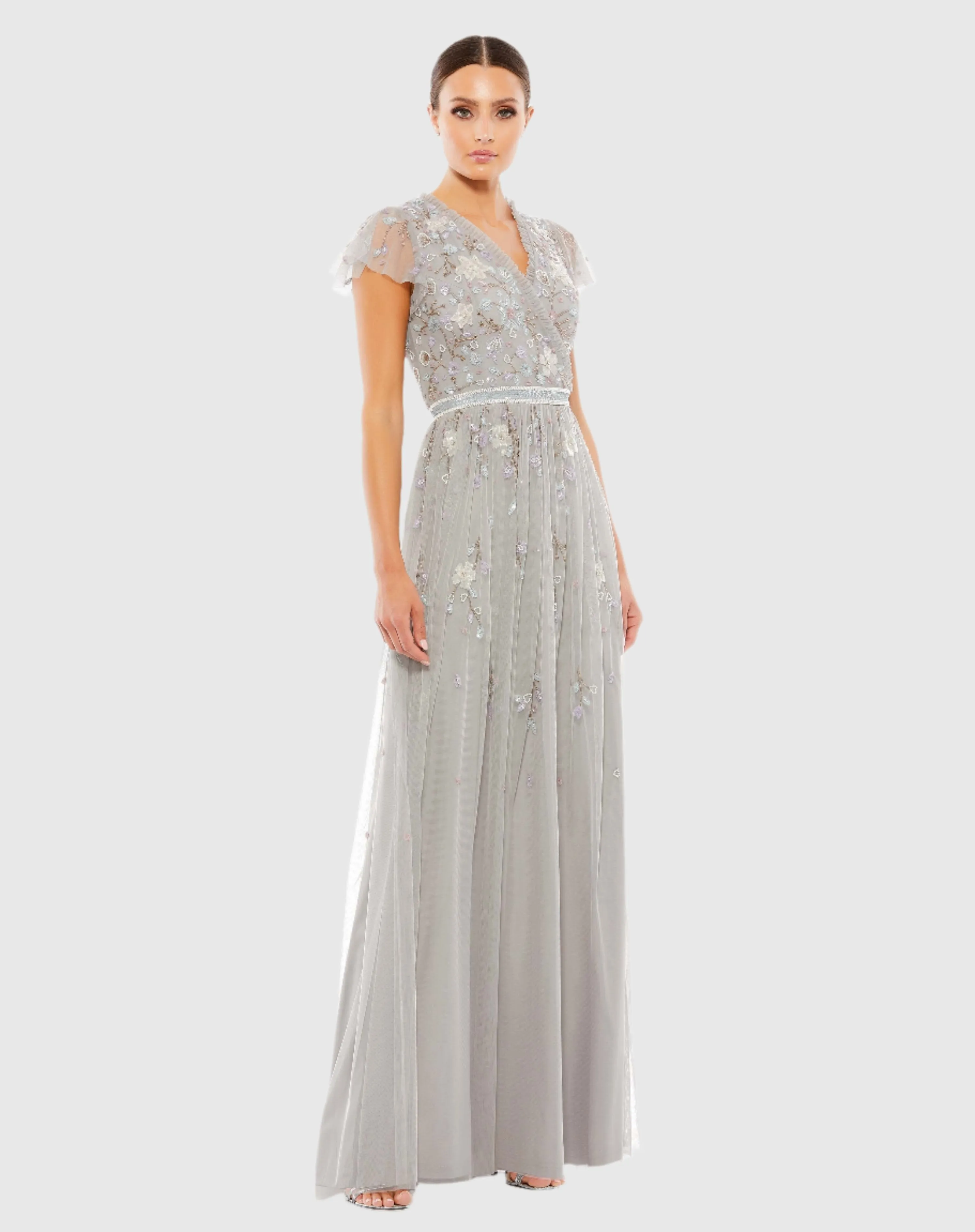 Embellished Asymmetrical Wrap Bodice Cap Sleeve Gown