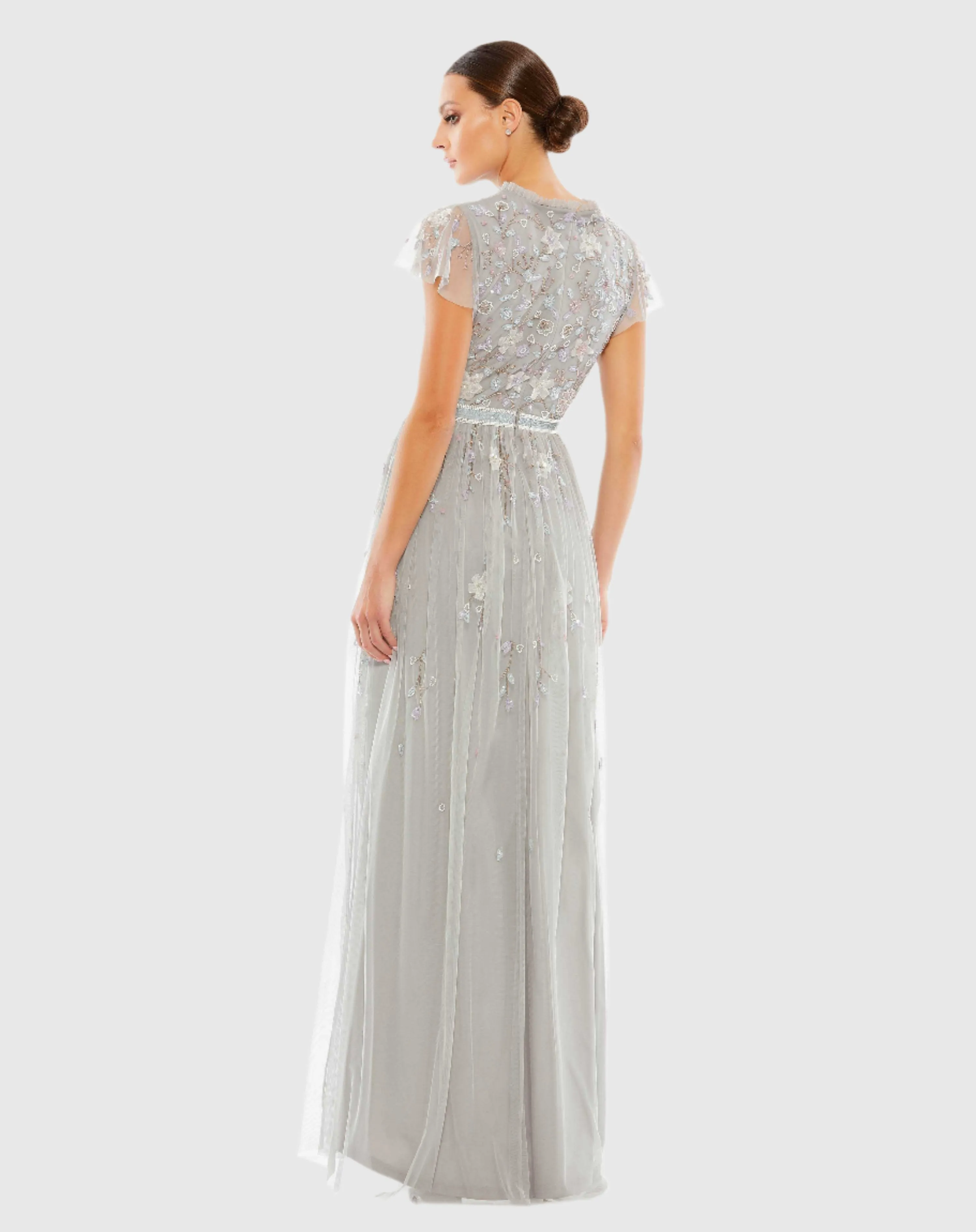 Embellished Asymmetrical Wrap Bodice Cap Sleeve Gown