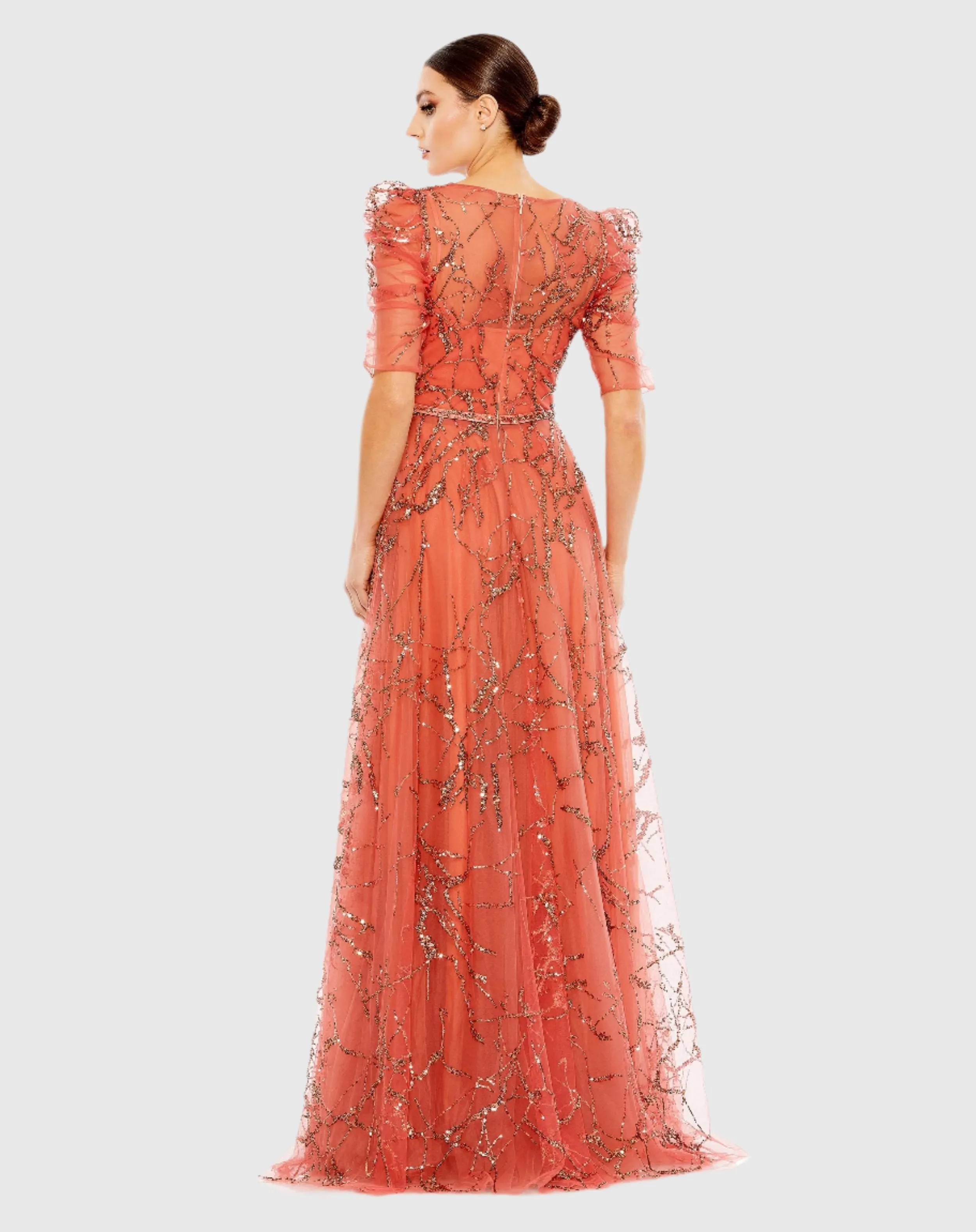 Embellished Gathered Puff Sleeve Faux Wrap Gown