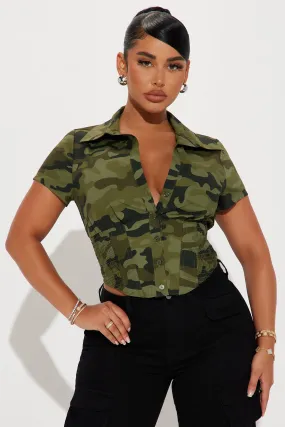 Endless Talks Camo Corset Short Sleeve Top - Olive/combo