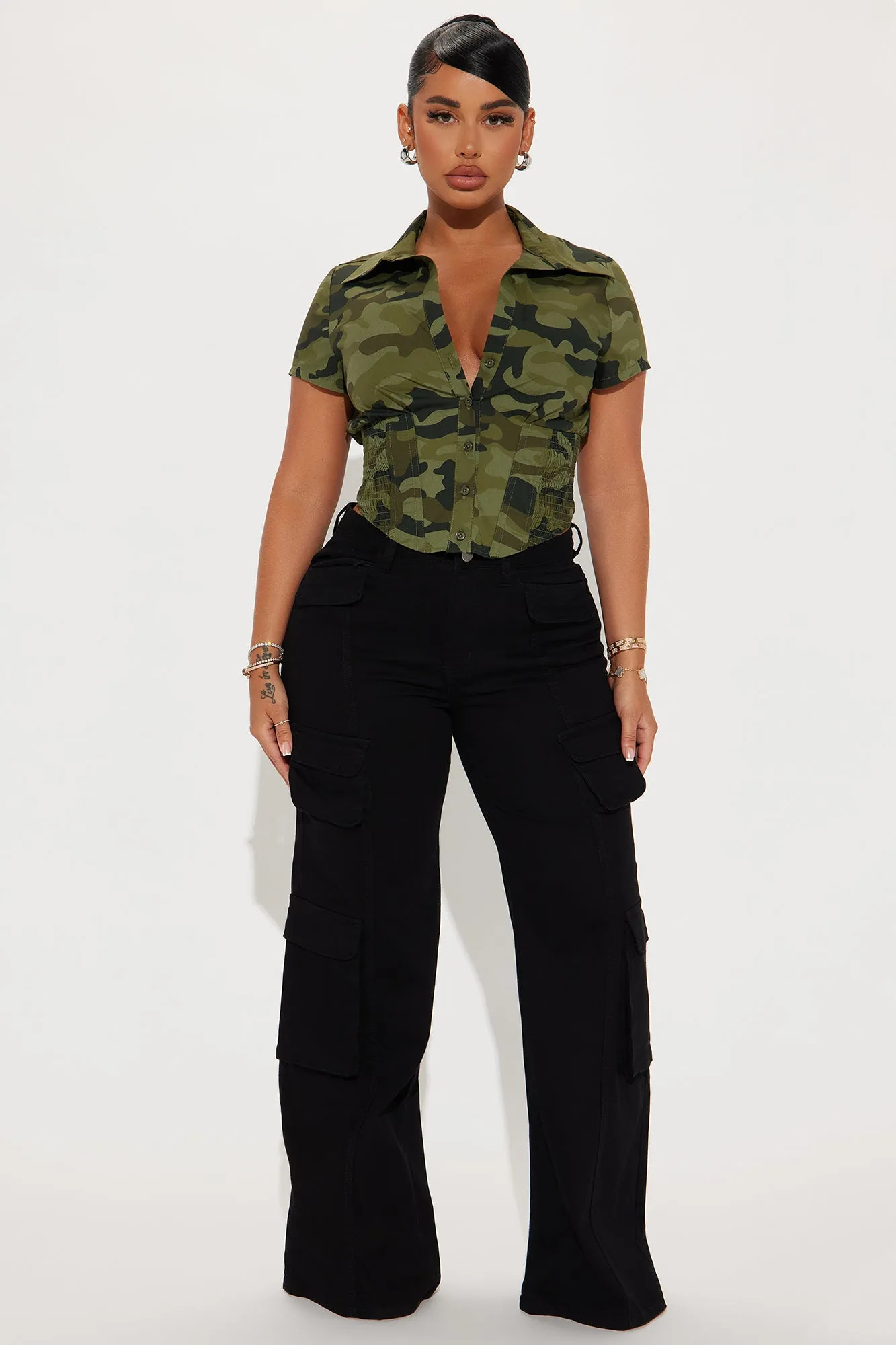 Endless Talks Camo Corset Short Sleeve Top - Olive/combo