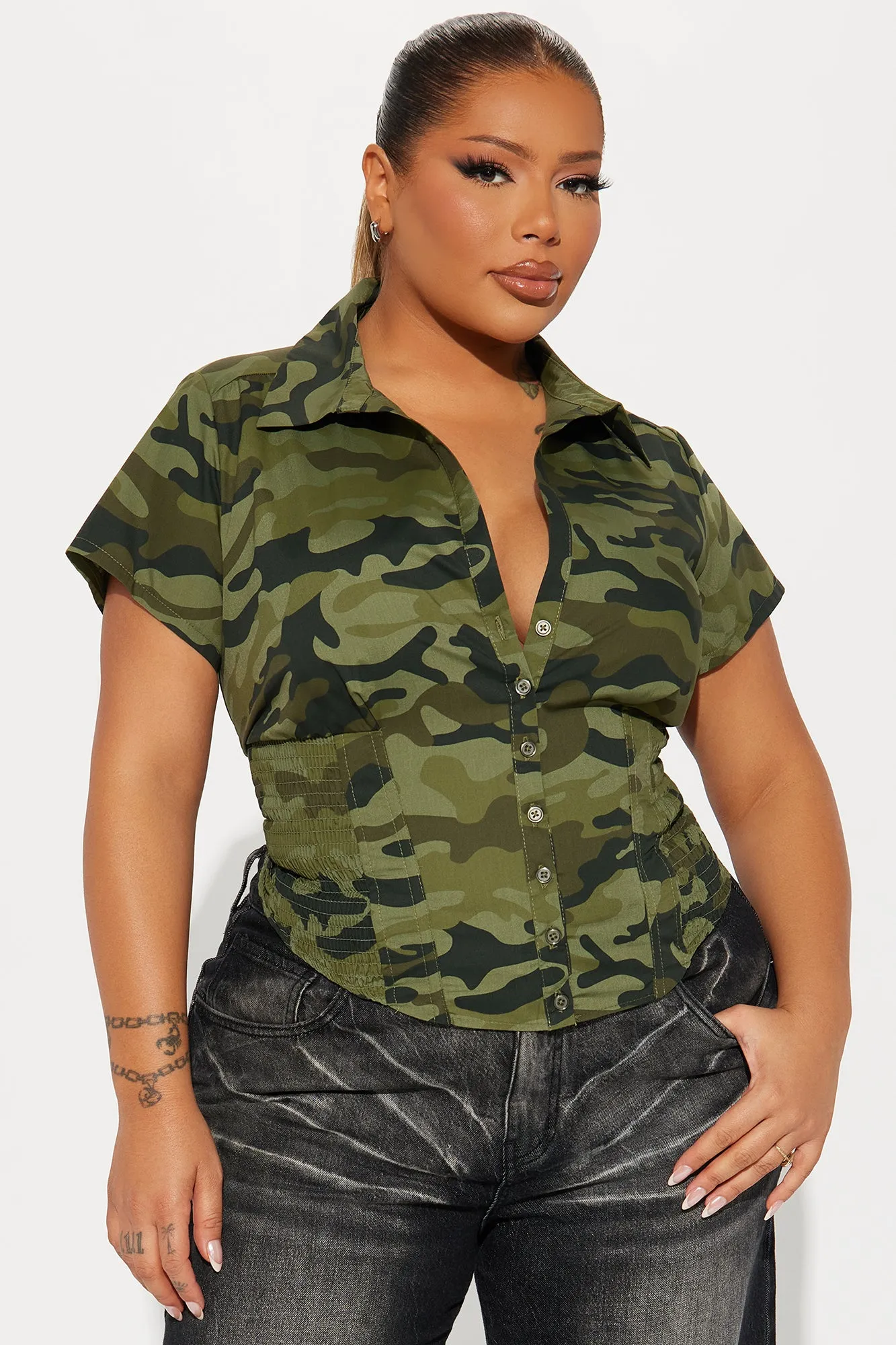 Endless Talks Camo Corset Short Sleeve Top - Olive/combo