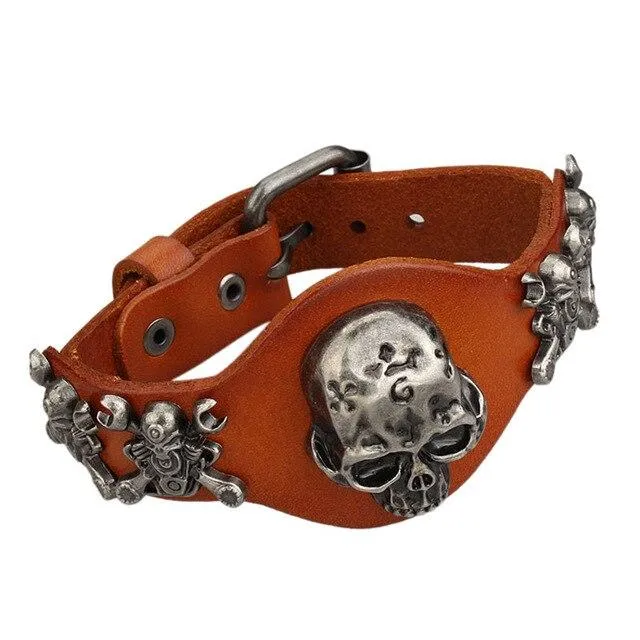 Genuine Leather Wrap Evil Skull Bracelet