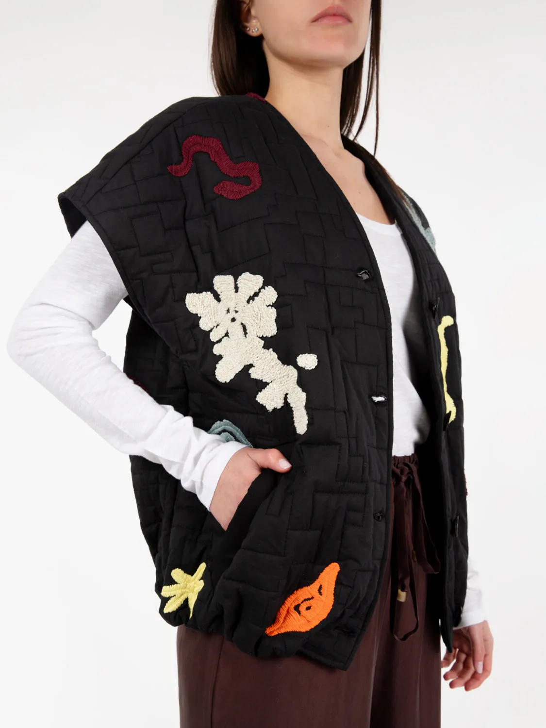 Gilet embroidery puff nero / multicolor