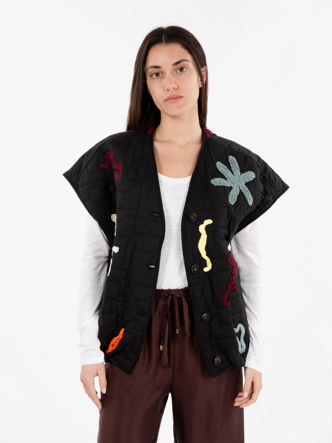 Gilet embroidery puff nero / multicolor