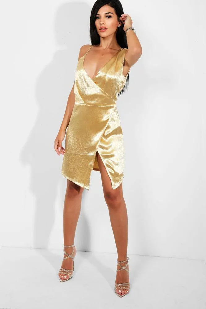 Gold Crushed Satin V-neck Wrap Mini Dress