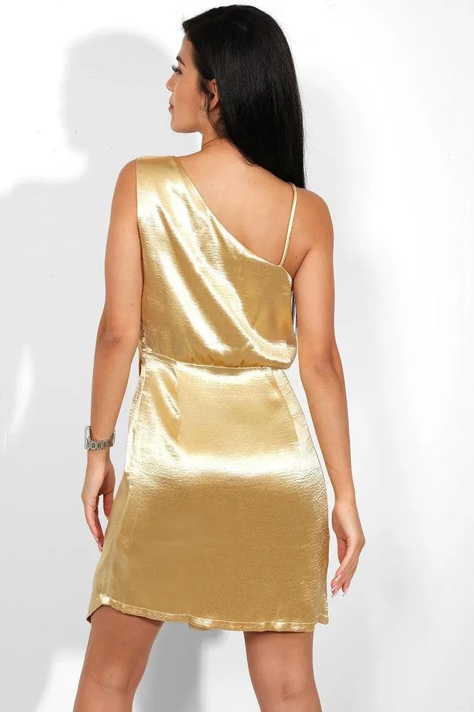 Gold Crushed Satin V-neck Wrap Mini Dress