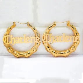 Gothic Bamboo Hoop Name Earrings