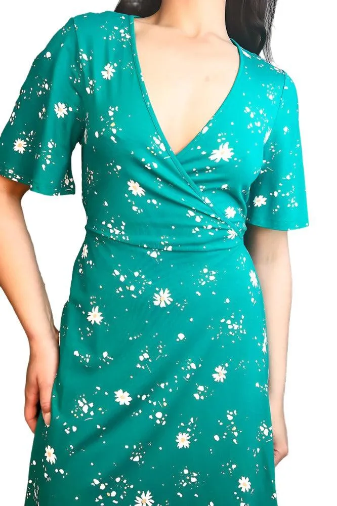 Green Floral Print Classic Wrap Dress