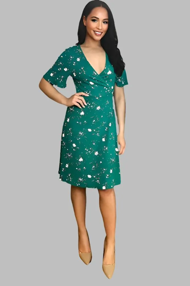 Green Floral Print Classic Wrap Dress