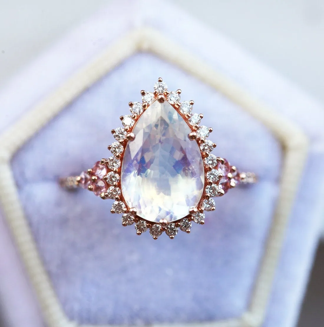 Halo Pear Moonstone Ring, Rose Gold Moonstone Engagement Ring, Unique Moonstone Ring