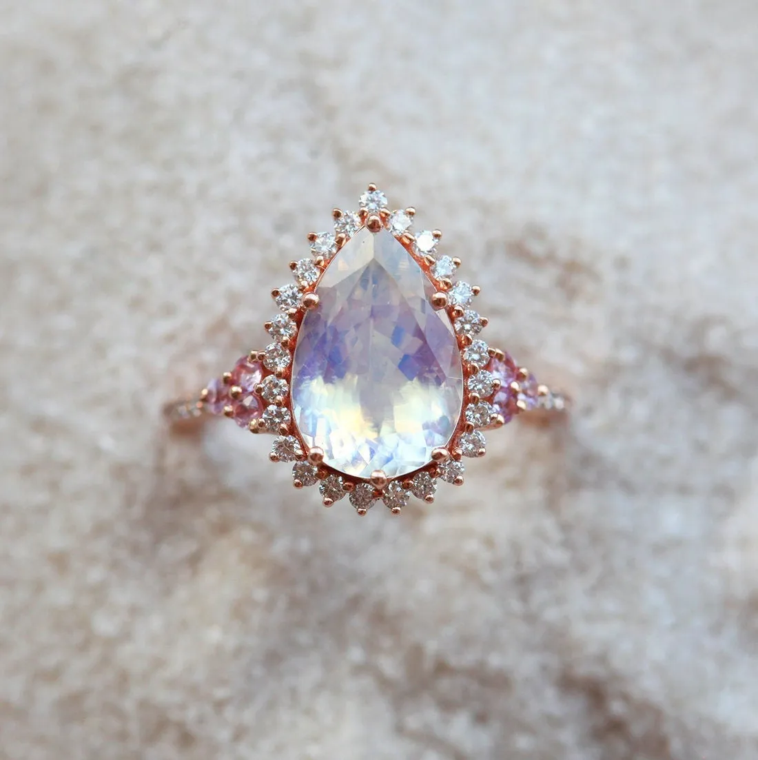 Halo Pear Moonstone Ring, Rose Gold Moonstone Engagement Ring, Unique Moonstone Ring