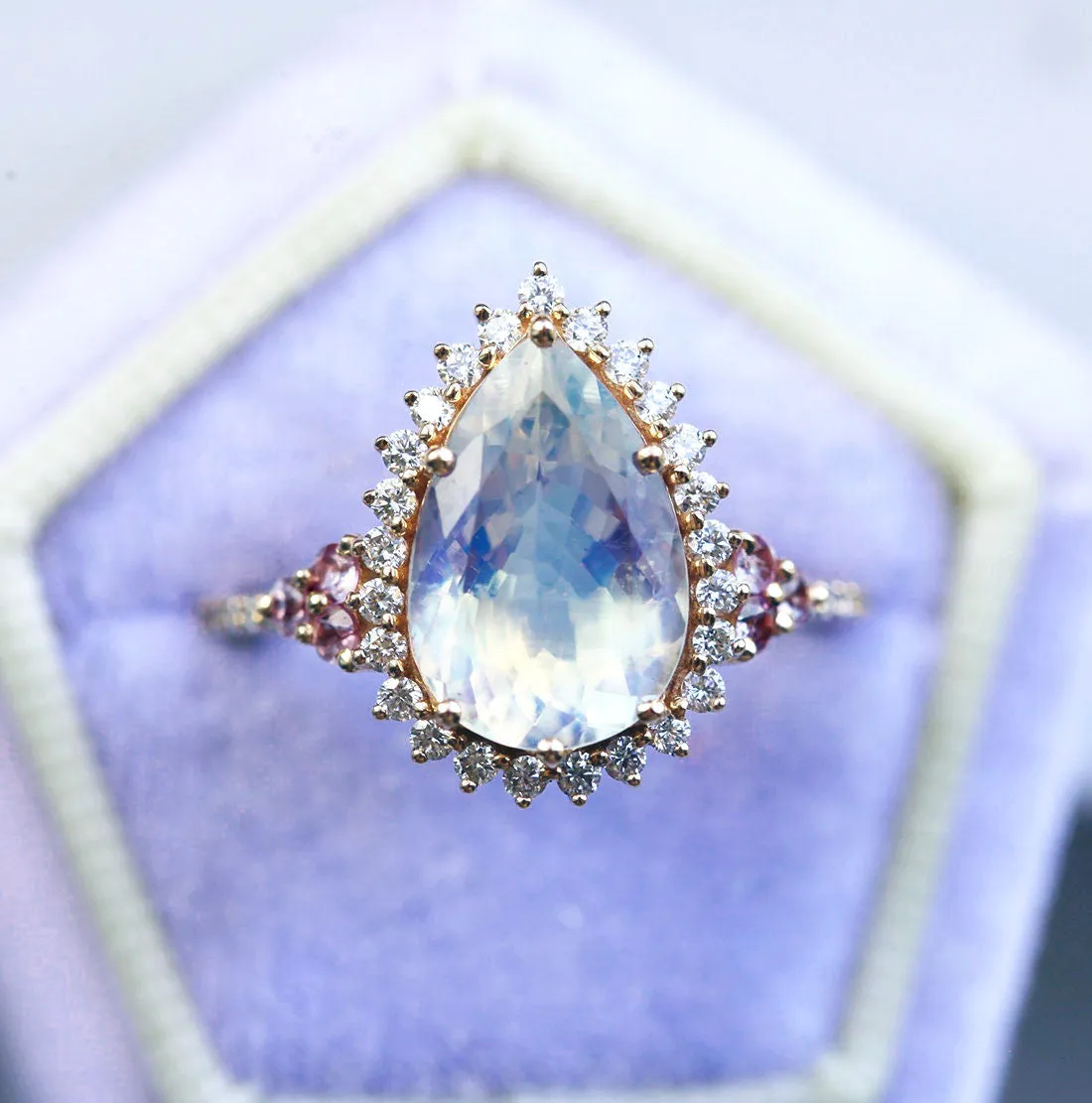 Halo Pear Moonstone Ring, Rose Gold Moonstone Engagement Ring, Unique Moonstone Ring