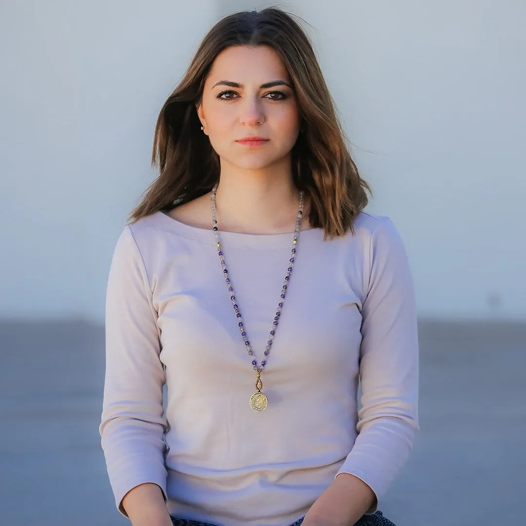 Healing, Cloudy Quartz Crystal and Amethyst Mala Necklace with Tibetan Calendar Pendant