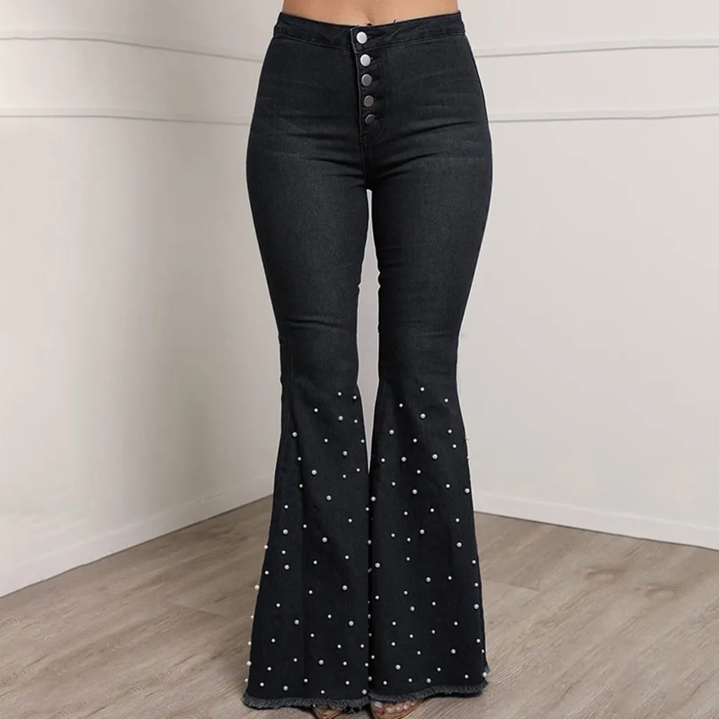 High Waist Jeans Button Tassel Bell Bottom