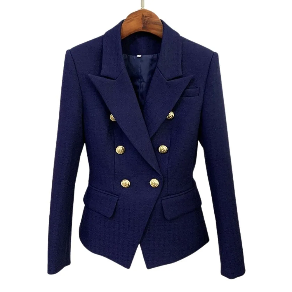 HIGHSTREET Women's Elegant Stylish Fashion Office Professional Woven Plaid Royal Blue Blazer Jacket