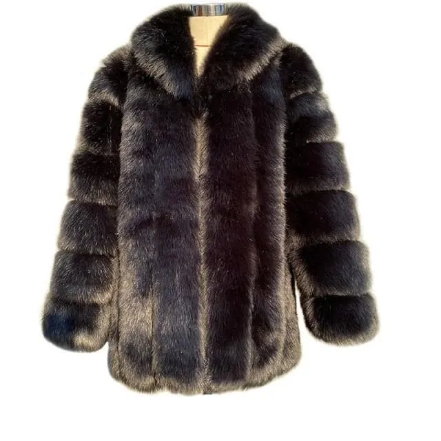 HQL Design Women's Fine Fashion Premium Quality Elegant Black Faux Fur Collar Coat