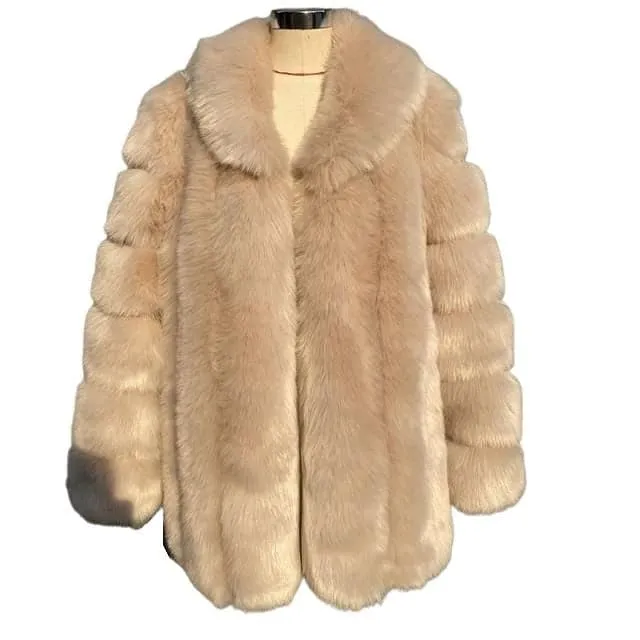 HQL Design Women's Fine Fashion Premium Quality Elegant Bright Khaki Brown Faux Fur Collar Coat Jacket