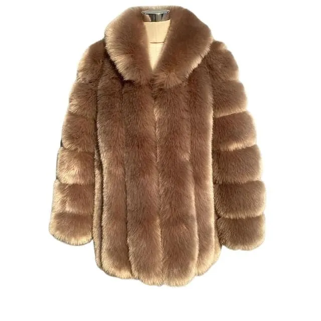 HQL Design Women's Fine Fashion Premium Quality Elegant Bright Khaki Brown Faux Fur Collar Coat Jacket