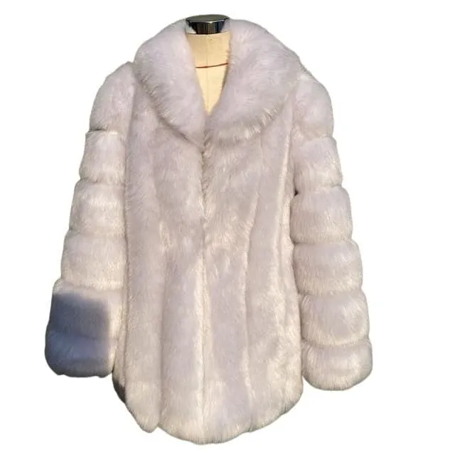 HQL Design Women's Fine Fashion Premium Quality Elegant Bright Khaki Brown Faux Fur Collar Coat Jacket