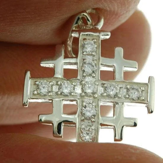 Jerusalem Cross Silver Pendant with White Gemstones   925 Silver Necklace