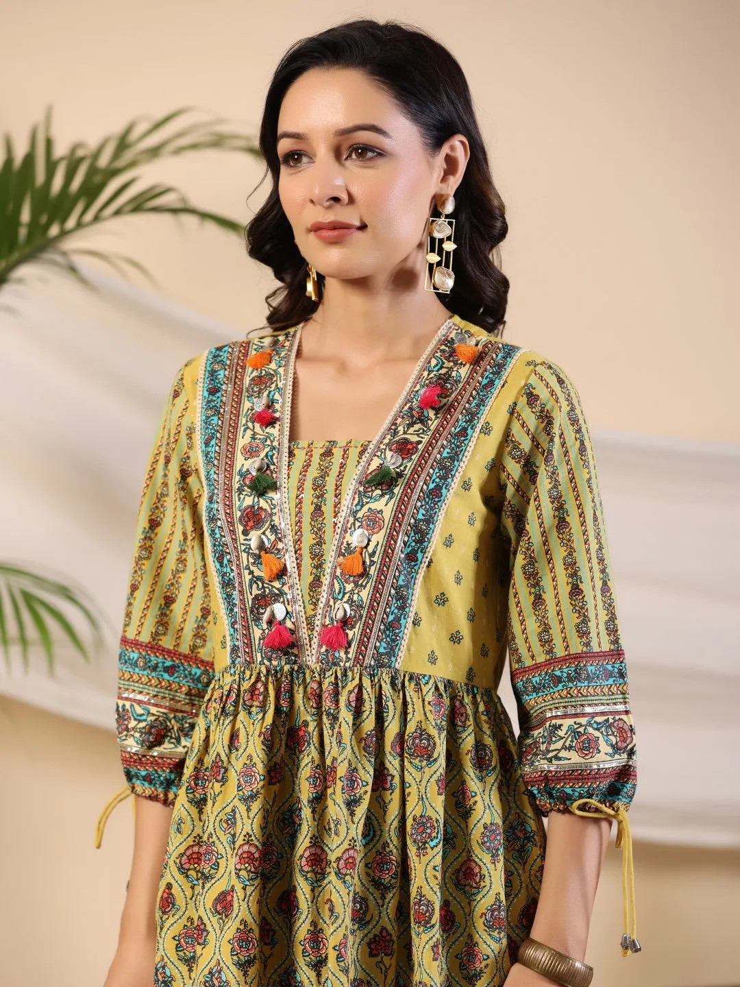 Juniper Lime Green Floral Printed Pure Cotton Kurta With Lace