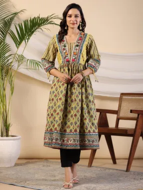 Juniper Lime Green Floral Printed Pure Cotton Kurta With Lace