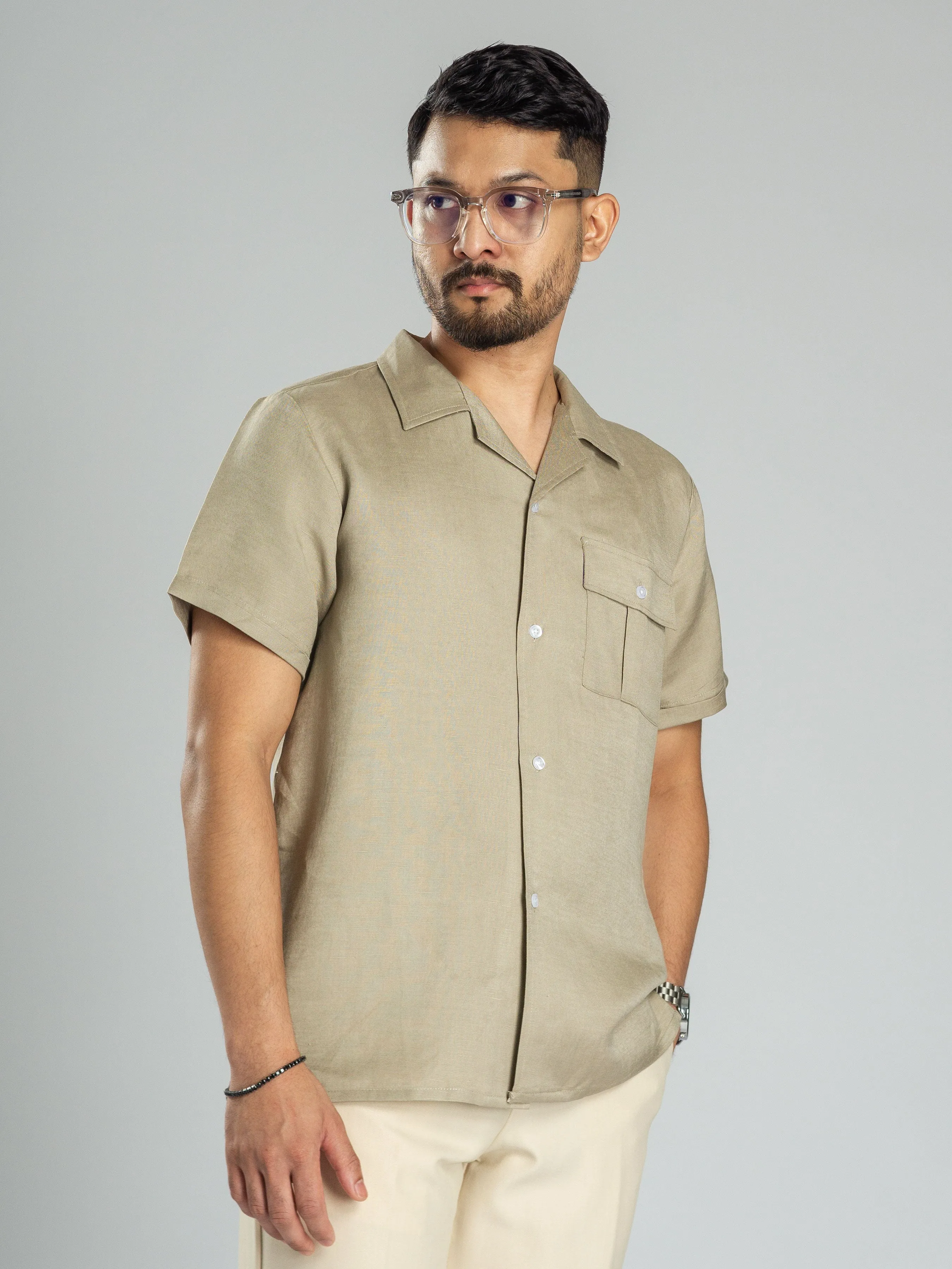 Linen Cuban Collar Shirt - Beige