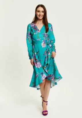 Liquorish Green Floral Print Midi Wrap Dress