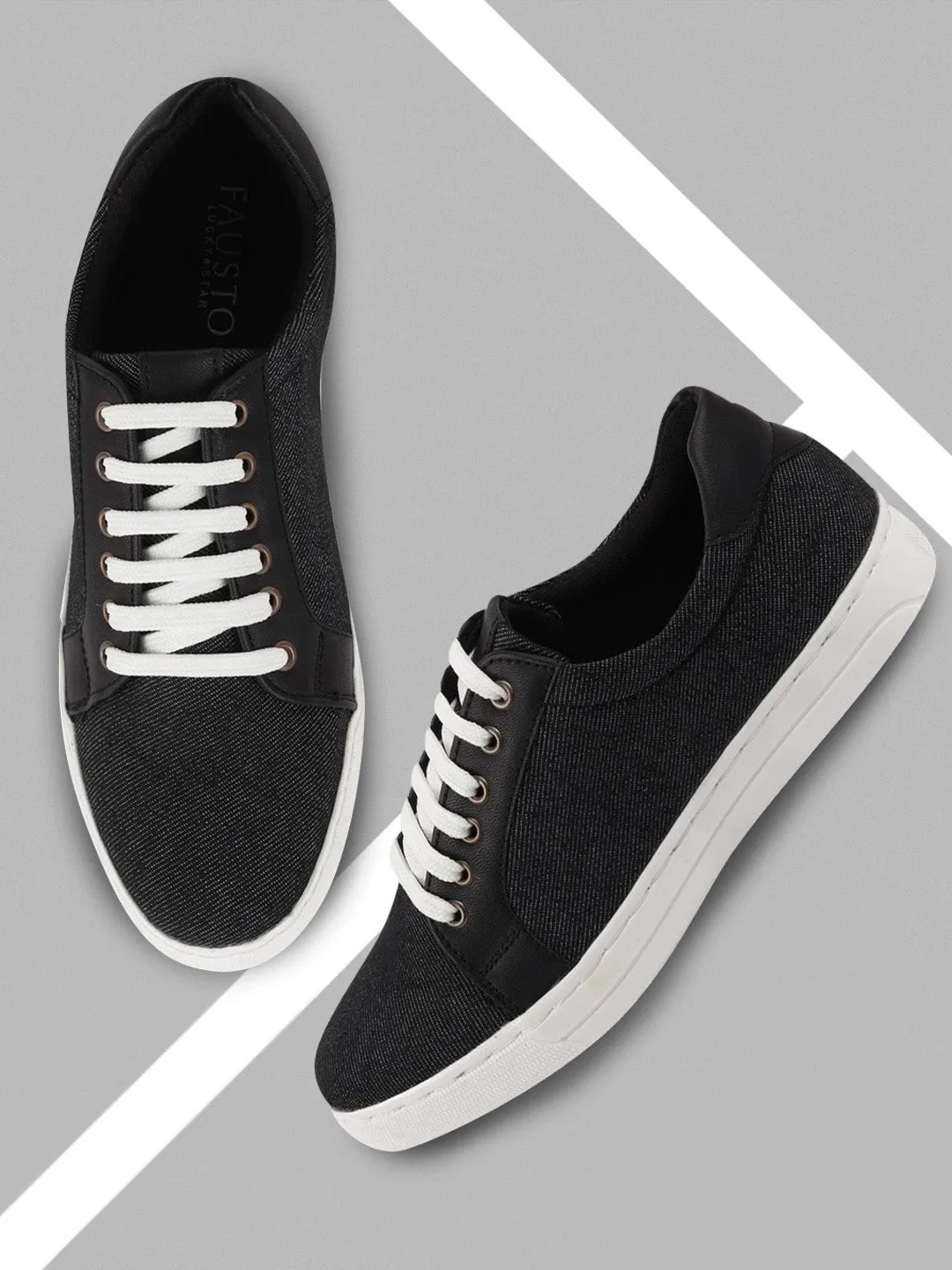 Men Black Trending Lace Up Denim Sneakers