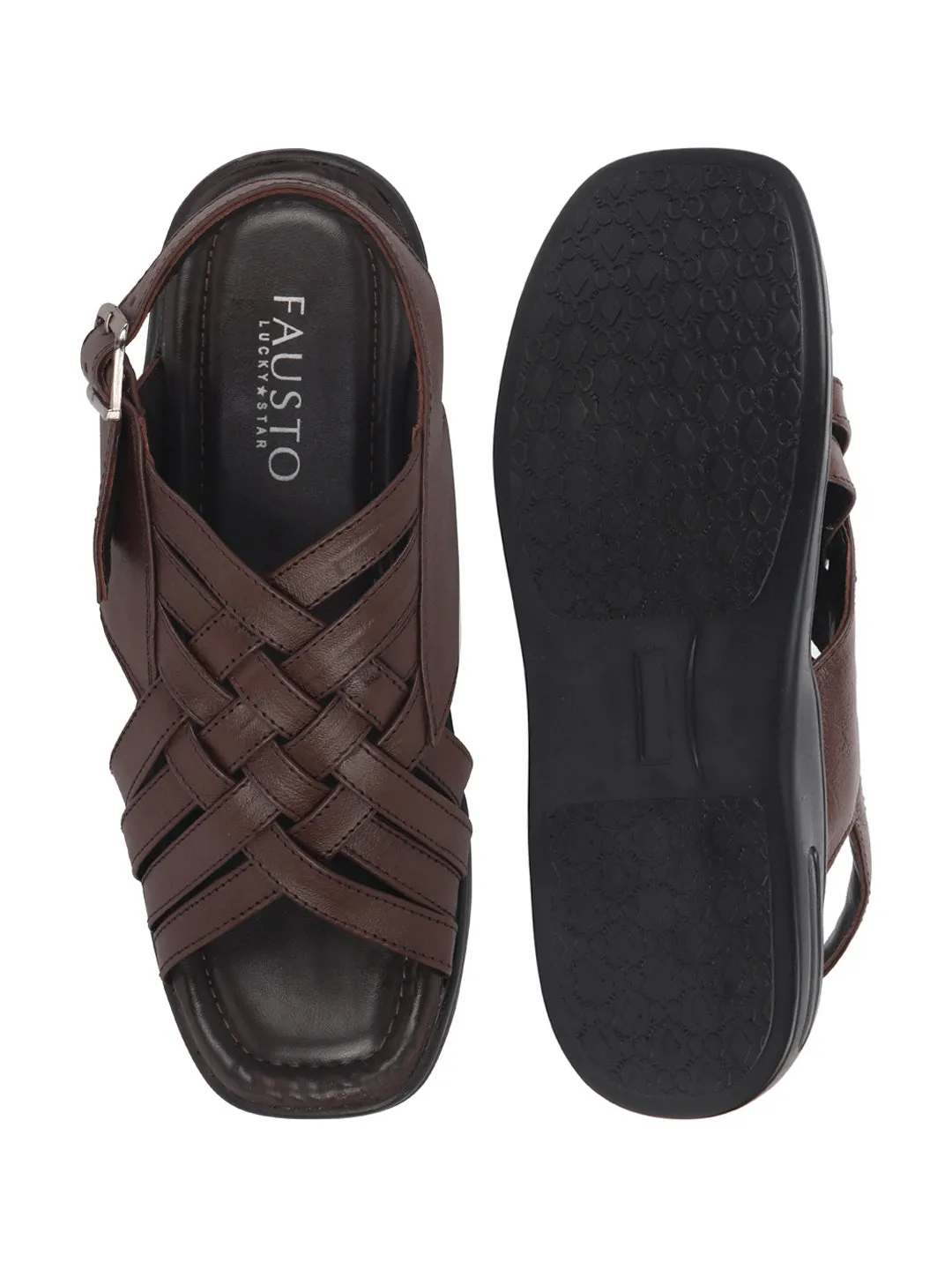 Men Brown Buckle Criss Cross Strap Leather Sandals