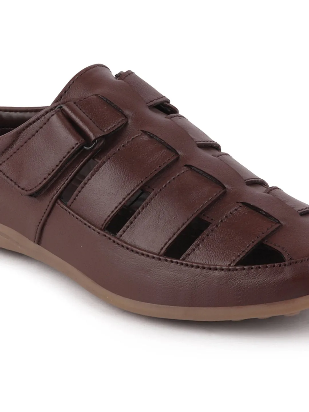 Men Brown Casual Leather Hook & Loop Back Open Roman Sandals