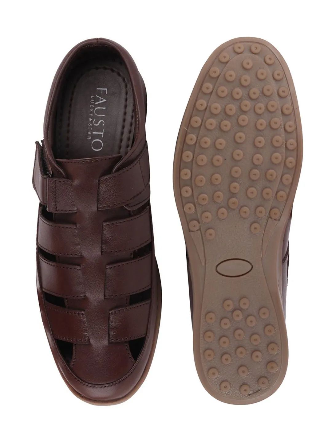 Men Brown Casual Leather Hook & Loop Back Open Roman Sandals