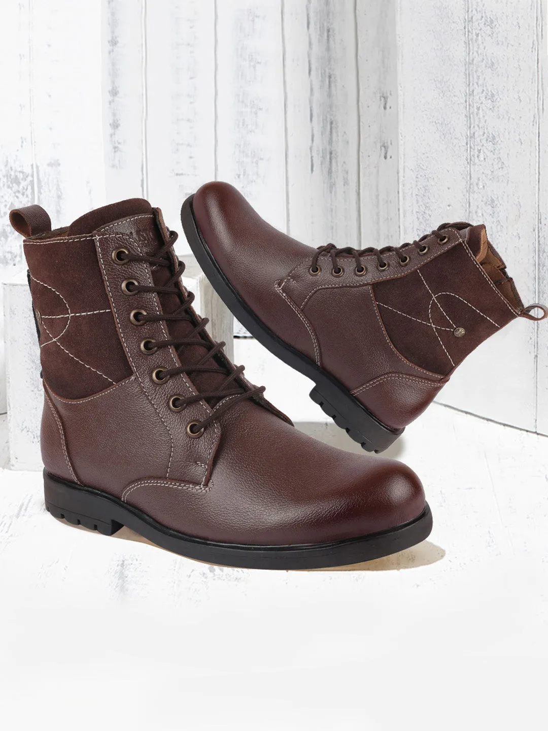 Men Brown Leather Lace Up High Top Boots