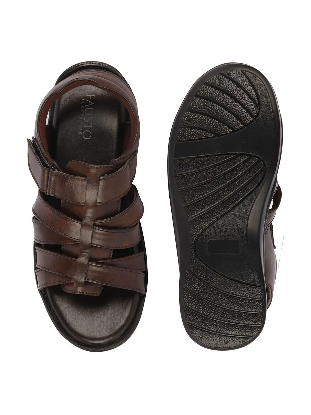 Men Brown Multi Cross Strap Broad Feet Open Toe Casual Dress Sandals