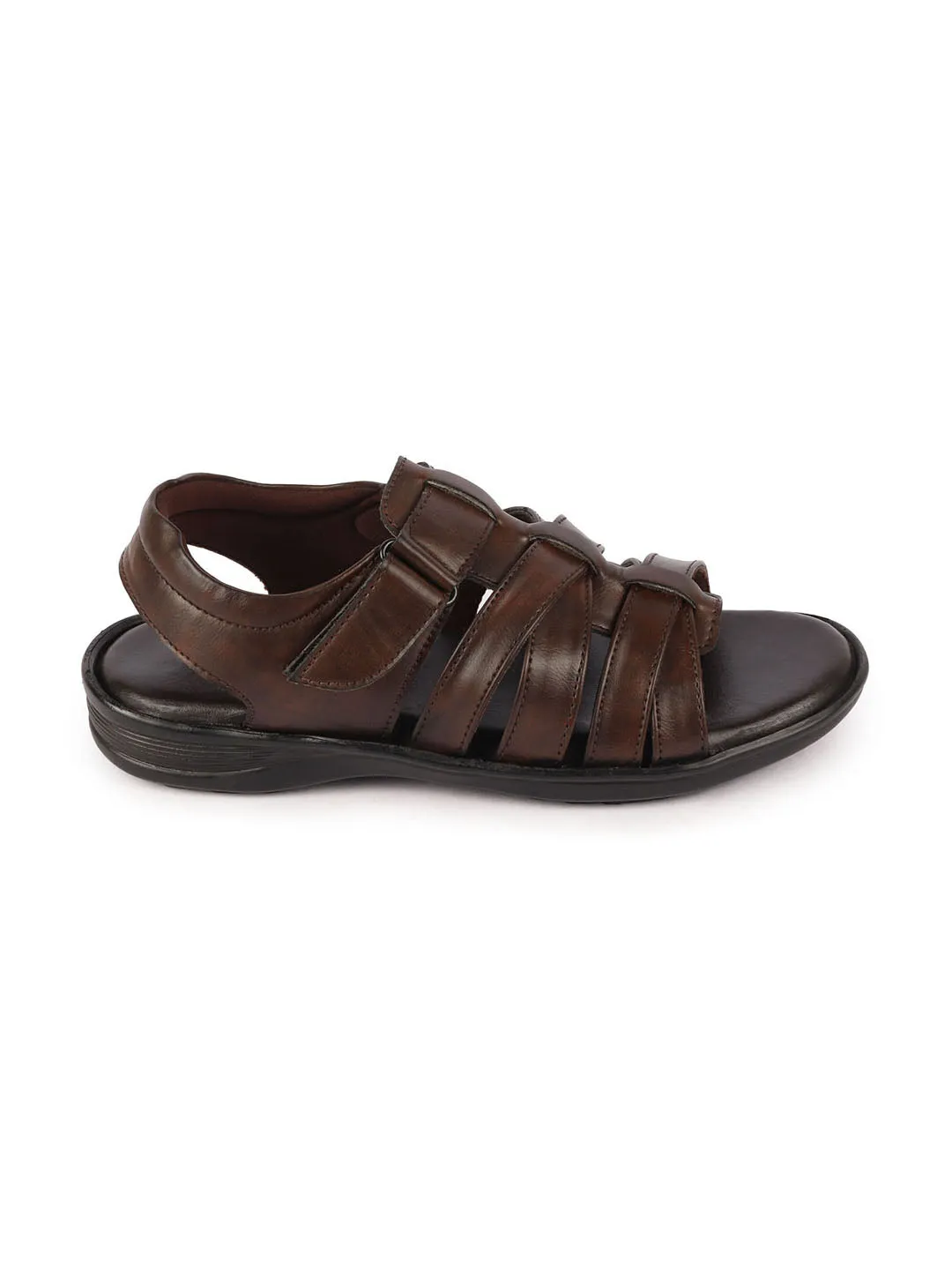 Men Brown Multi Cross Strap Broad Feet Open Toe Casual Dress Sandals